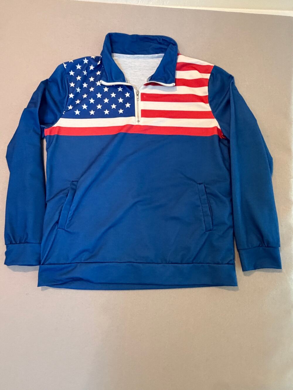 Lightweight Patriotic American Flag Quarter Zip Pullover Jacket USA Blue/red | L